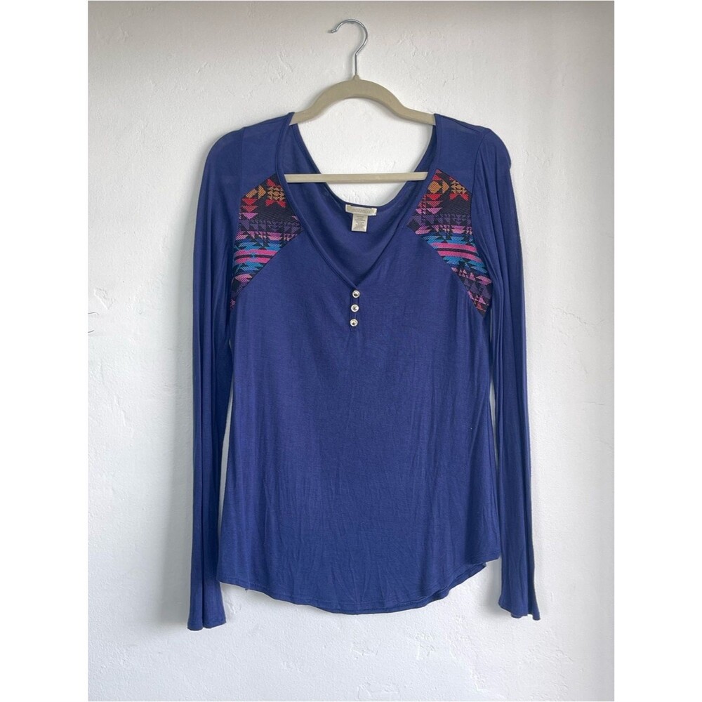 Royal Blue Long Sleeve V-Neck Top with Multicolor Aztec Yoke